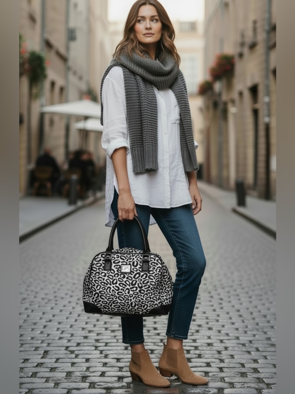 DVF Studio Grey Black Leopard Satchel Weekender Travel Tote Bag